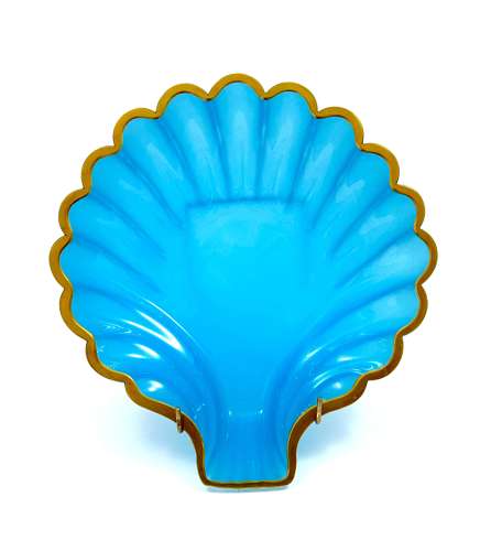 Large Antique Blue Opaline Glass Scallop Shell Dish