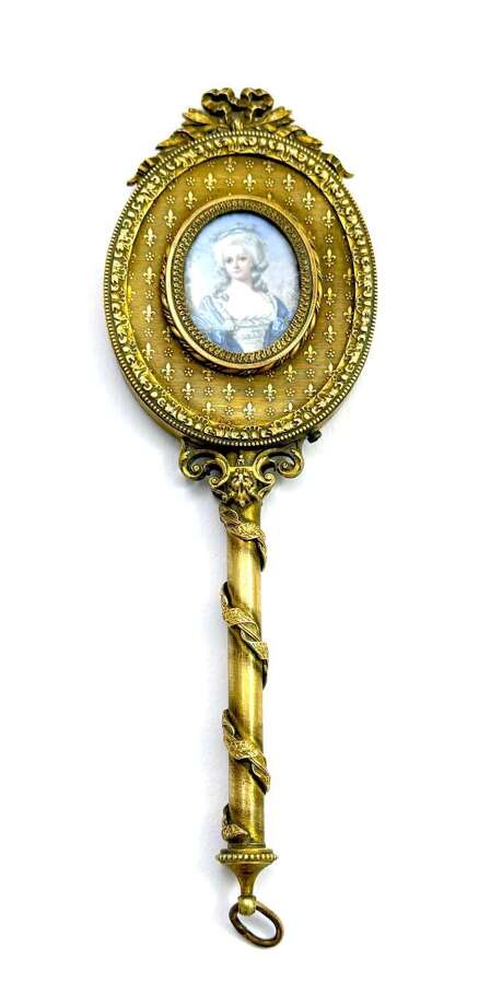 Antique French&nbsp;Dore Bronze Hand Mirror with Signed Miniature