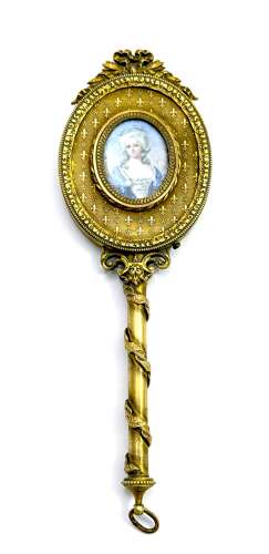 Antique French Dore Bronze Hand Mirror with Signed Miniature