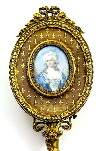 Antique French Dore Bronze Hand Mirror with Signed Miniature