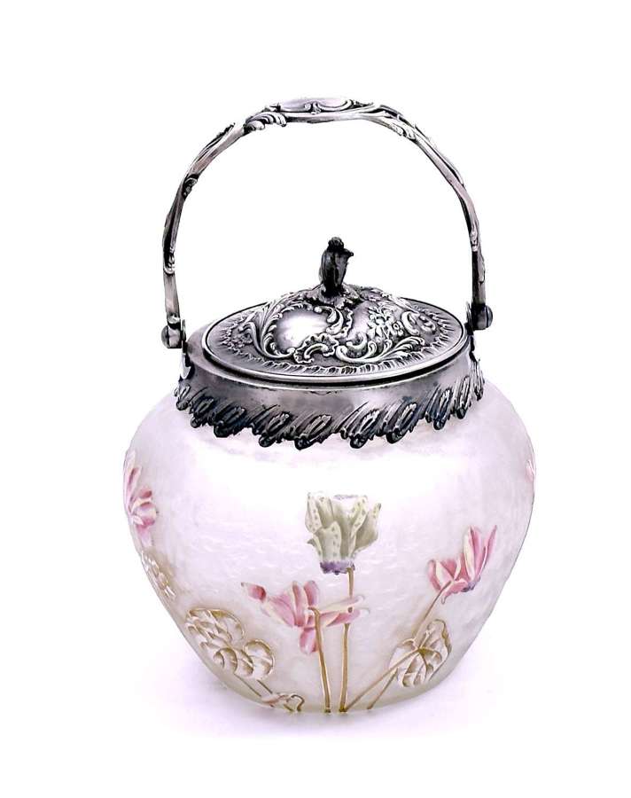 Antique Signed Victor Sanglier&nbsp;Biscuit Jar with Enamelled Flowers