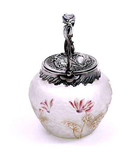 Antique Signed Victor Sanglier Biscuit Jar with Enamelled Flowers