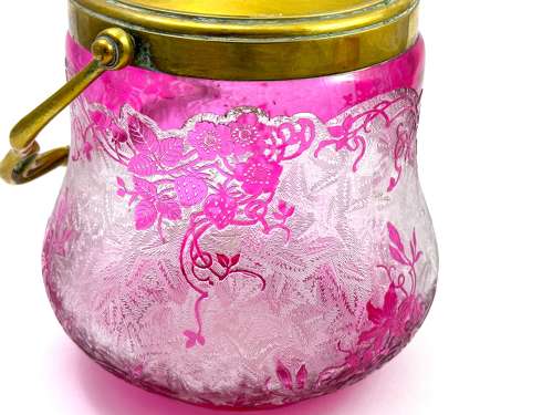 Antique BACCARAT Pink Acid Etched Biscuit Barrel & Strawberry Design