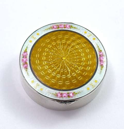 Antique Guilloche Enamel and Silver Pill Box Decorated with Enamelled