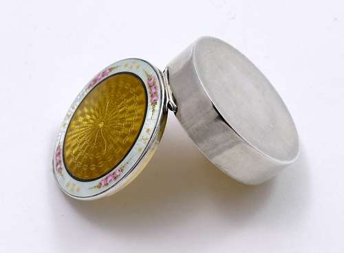 Antique Guilloche Enamel and Silver Pill Box Decorated with Enamelled