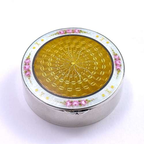 Antique Guilloche Enamel and Silver Pill Box Decorated with Enamelled