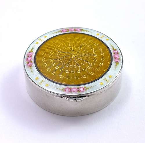 Antique Guilloche Enamel and Silver Pill Box Decorated with Enamelled