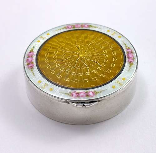 Antique Guilloche Enamel and Silver Pill Box Decorated with Enamelled