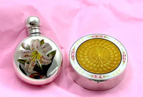 Antique Guilloche Enamel and Silver Pill Box Decorated with Enamelled