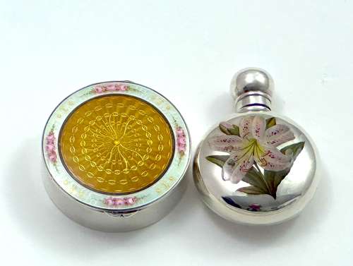 Antique Guilloche Enamel and Silver Pill Box Decorated with Enamelled