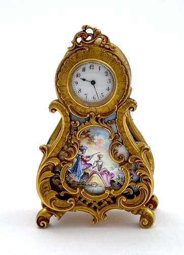 Antique Miniature Viennese Miniature Enamelled and Dore Bronze Clock.
