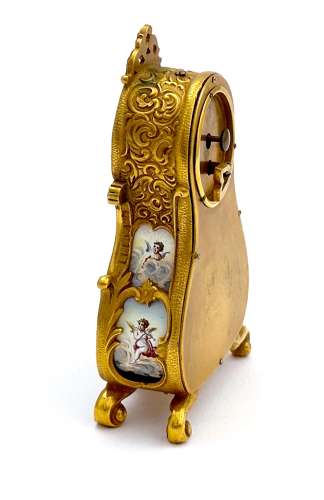 Antique Miniature Viennese Miniature Enamelled and Dore Bronze Clock.