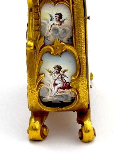 Antique Miniature Viennese Miniature Enamelled and Dore Bronze Clock.
