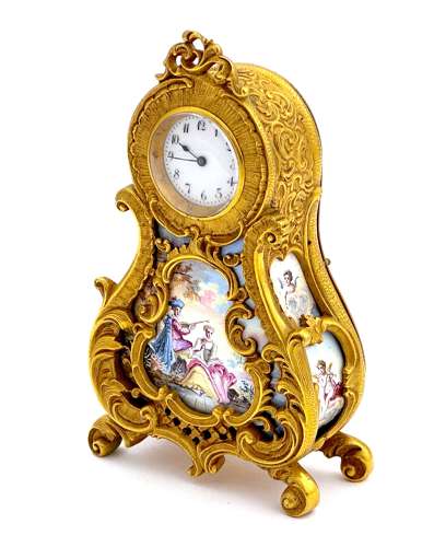 Antique Miniature Viennese Miniature Enamelled and Dore Bronze Clock.