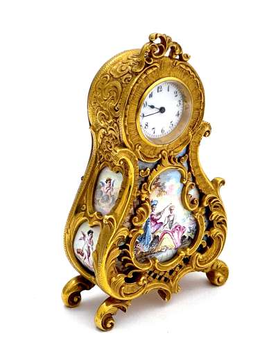 Antique Miniature Viennese Miniature Enamelled and Dore Bronze Clock.