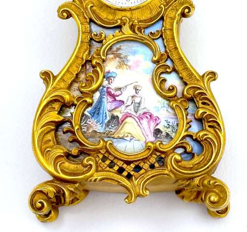 Antique Miniature Viennese Miniature Enamelled and Dore Bronze Clock.