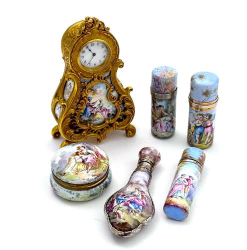Antique Miniature Viennese Miniature Enamelled and Dore Bronze Clock.