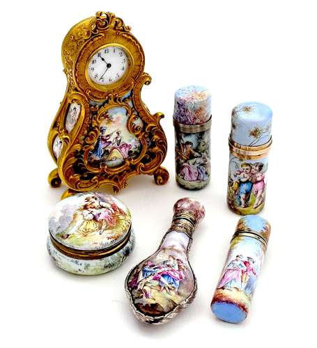 Antique Miniature Viennese Miniature Enamelled and Dore Bronze Clock.