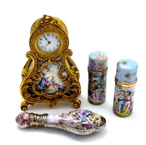 Antique Miniature Viennese Miniature Enamelled and Dore Bronze Clock.