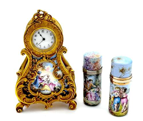 Antique Miniature Viennese Miniature Enamelled and Dore Bronze Clock.