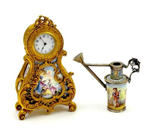 Antique Miniature Viennese Miniature Enamelled and Dore Bronze Clock.