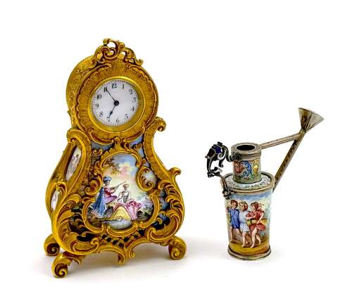 Antique Miniature Viennese Miniature Enamelled and Dore Bronze Clock.