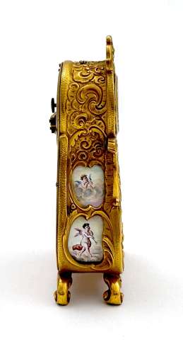 Antique Miniature Viennese Miniature Enamelled and Dore Bronze Clock.