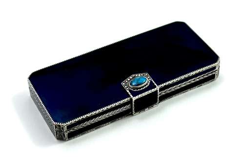 High Quality Antique French Black Enamel and Silver Box with Turquoise