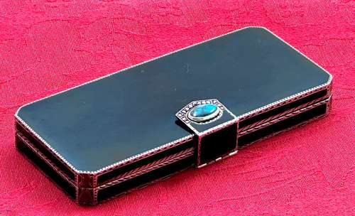 High Quality Antique French Black Enamel and Silver Box with Turquoise
