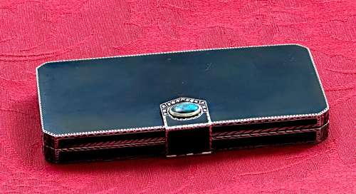 High Quality Antique French Black Enamel and Silver Box with Turquoise