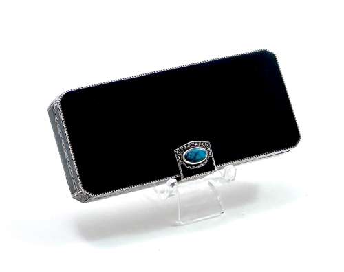 High Quality Antique French Black Enamel and Silver Box with Turquoise