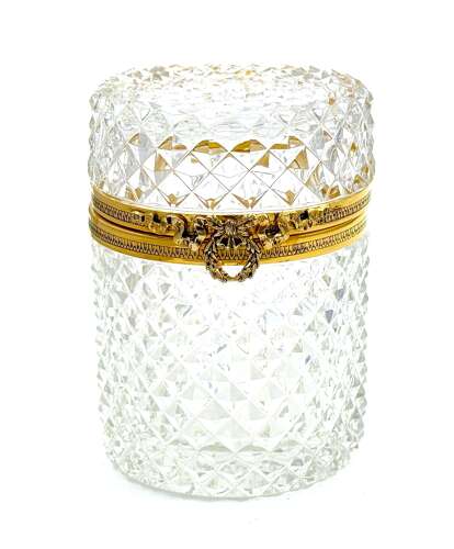 Large Antique Baccarat Cut Crystal Cylindrical Box with Bow Clasp