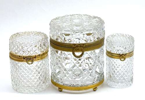 Large Antique Baccarat Cut Crystal Cylindrical Box with Bow Clasp