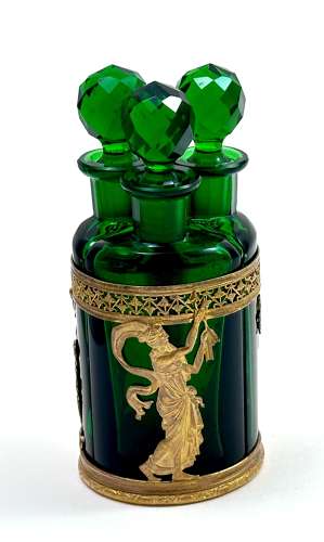 Antique Napoleon III Clear Green Crystal & Dore Bronze Triple Perfume