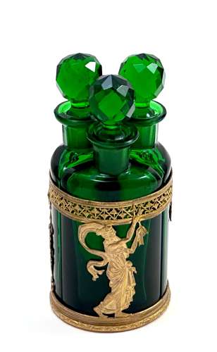 Antique Napoleon III Clear Green Crystal & Dore Bronze Triple Perfume
