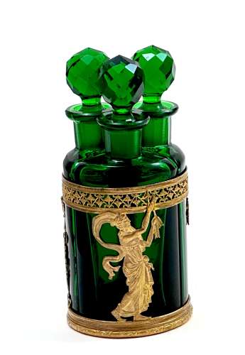 Antique Napoleon III Clear Green Crystal & Dore Bronze Triple Perfume