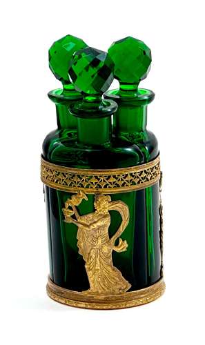 Antique Napoleon III Clear Green Crystal & Dore Bronze Triple Perfume