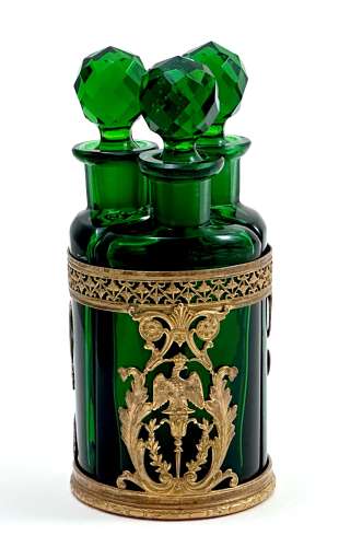 Antique Napoleon III Clear Green Crystal & Dore Bronze Triple Perfume