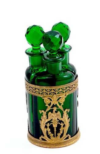 Antique Napoleon III Clear Green Crystal & Dore Bronze Triple Perfume