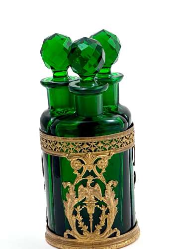 Antique Napoleon III Clear Green Crystal & Dore Bronze Triple Perfume