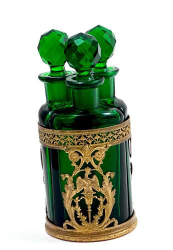 Antique Napoleon III Clear Green Crystal & Dore Bronze Triple Perfume
