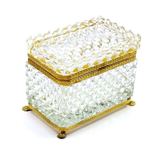 Antique Clear Crystal Glass Diamond Cut Rectangular Casket Box