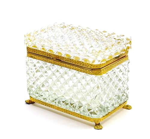 Antique Clear Crystal Glass Diamond Cut Rectangular Casket Box