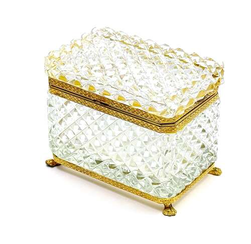 Antique Clear Crystal Glass Diamond Cut Rectangular Casket Box