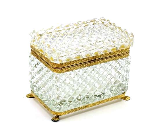 Antique Clear Crystal Glass Diamond Cut Rectangular Casket Box