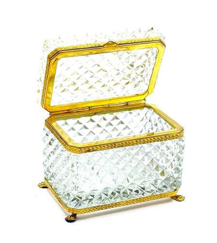 Antique Clear Crystal Glass Diamond Cut Rectangular Casket Box