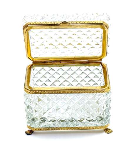 Antique Clear Crystal Glass Diamond Cut Rectangular Casket Box