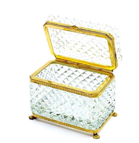 Antique Clear Crystal Glass Diamond Cut Rectangular Casket Box