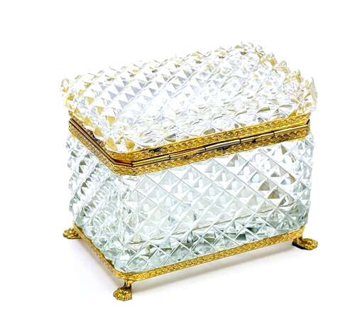 Antique Clear Crystal Glass Diamond Cut Rectangular Casket Box