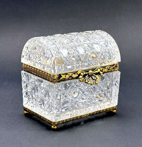 A Large Antique BACCARAT Cut Crystal Casket with Large Dore Bronze Bow